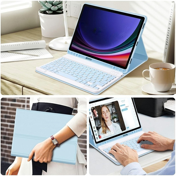 Case + keyboard Samsung Galaxy Tab S9 FE, Leather Pen Slot, light blue