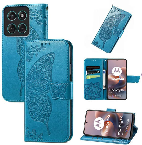 Flip case for Motorola Moto G86 5G, Butterfly, blue