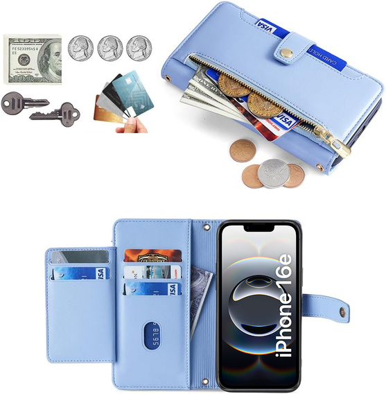 Flip case for iPhone 16E, Wallet Zipper Pocket, blue
