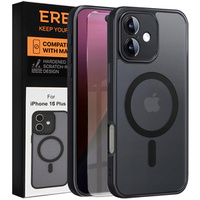 Case for iPhone 16 Plus, for MagSafe, ERBORD Matt Case, black + Screen Glass