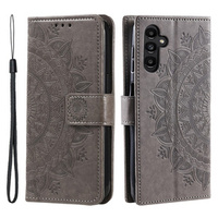 Flip case for Samsung Galaxy A25 5G, Mandala, grey + 9H glass