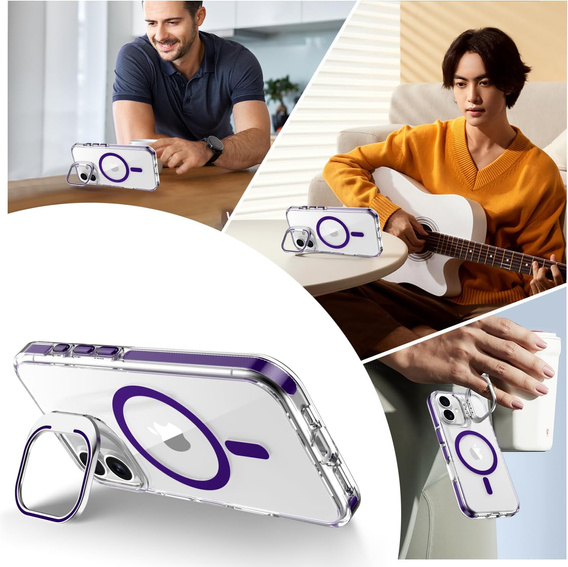 Case for iPhone 17, for MagSafe, with stand, transparent with purple inserts