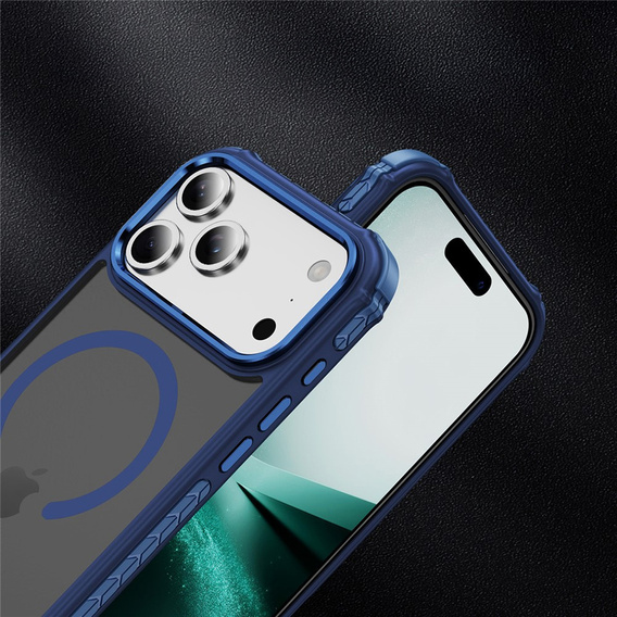 Matt Case for iPhone 17 Pro Max, armoured, for MagSafe, smoky with blue sides