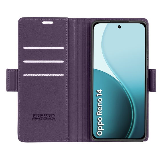 Case for Oppo Reno 14, ERBORD Glossy Litchi, wallet with flap, purple