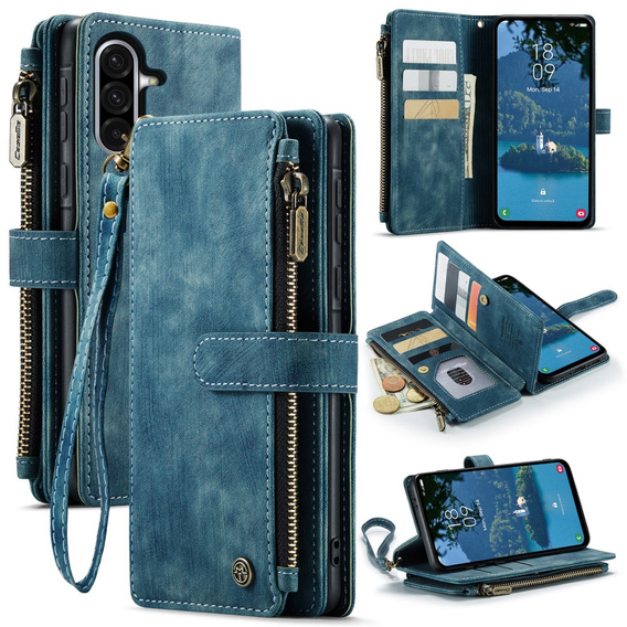 CASEME case for Samsung Galaxy A56 5G, Leather Wallet Cash and Card Slots, with strap, blue