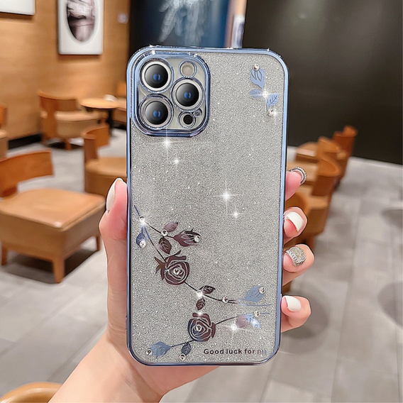 Case for iPhone 13 Pro Max, Glitter Flower, blue