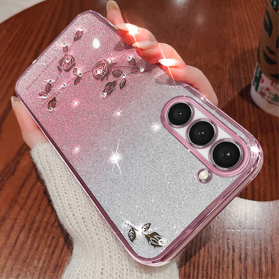 Case for Samsung Galaxy S23, Glitter Flower, pink rose gold