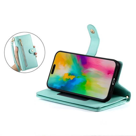 Flip case for iPhone 16 Pro, Wallet Zipper Pocket, green