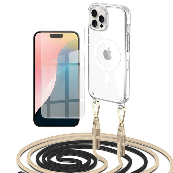 Case with lanyard for iPhone 16 Pro, ERBORD MagSafe, transparent + Glass for screen