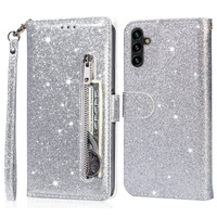 Flip case for Samsung Galaxy A36 5G, Wallet Zipper Pocket Glittery, silver