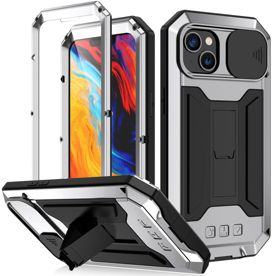 Case for iPhone 14, R-JUST CamShield Slide, armoured, silver / black
