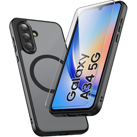 Case for Samsung Galaxy A34 5G, for MagSafe, ERBORD Matt Case, black + Screen Glass