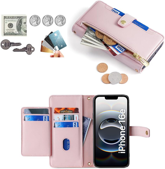 Flip case for iPhone 16E, Wallet Zipper Pocket, pink