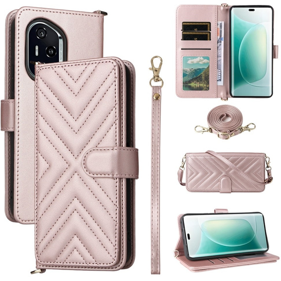 Crossbody Leather Wallet flip case for Honor 400 5G, pink