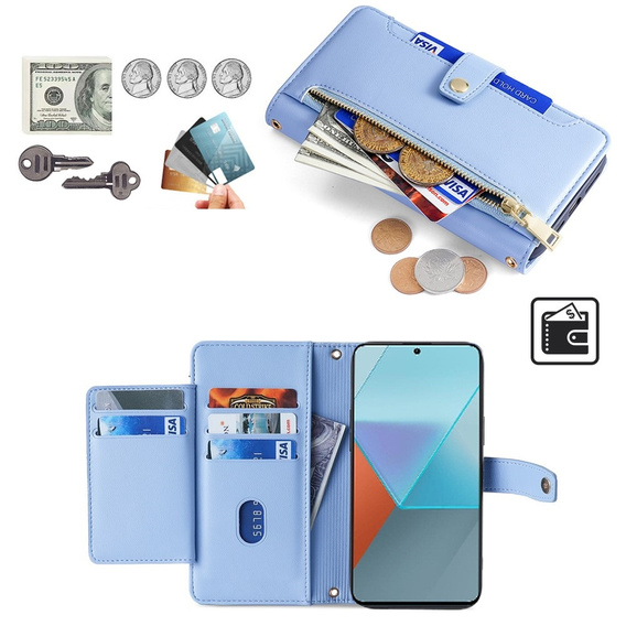 Flip case for Xiaomi Redmi Note 13 Pro 5G, Wallet Zipper Pocket, blue