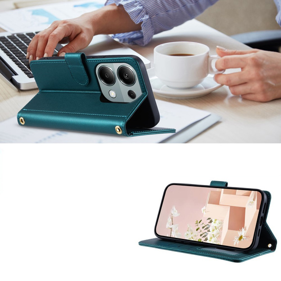 Flip case for Xiaomi Redmi Note 13 Pro 4G / Xiaomi Redmi Note 14S / Xiaomi Poco M6 Pro 4G, Rhombus Crossbody Leather, dark green
