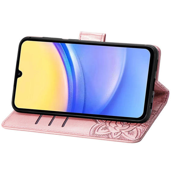 Flip case for Samsung Galaxy A15, Butterfly Flower, pink rose gold + 9H glass