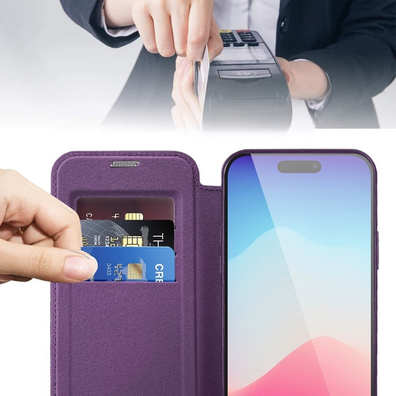 Flip case for iPhone 15 Pro, RFID Wallet MagSafe CamShield, purple