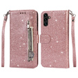 Flip case for Samsung Galaxy A55, Wallet Zipper Pocket Glittery, pink rose gold