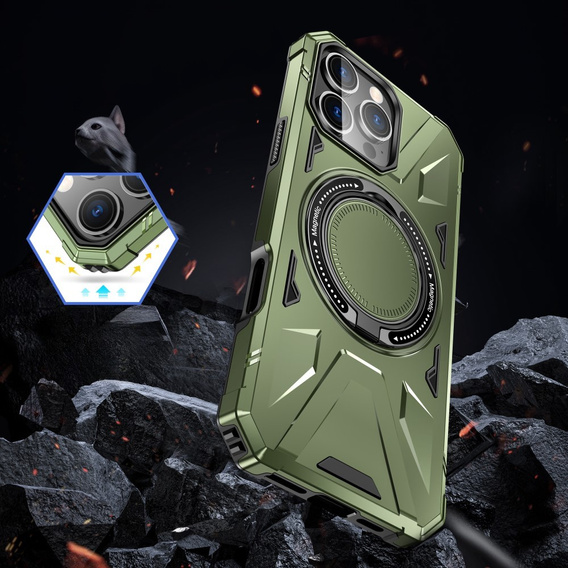 Case for iPhone 16 Pro Max, armored with stand and handle plate, green