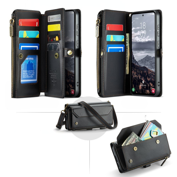 Case CASEME for Samsung Galaxy S24 FE, RFID Leather Wallet, with shoulder strap, black