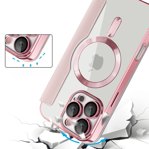 Flip case for iPhone 16 Pro, RFID Wallet MagSafe CamShield, pink