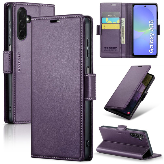 Case for Samsung Galaxy A36, ERBORD Glossy Litchi, wallet with flap, purple