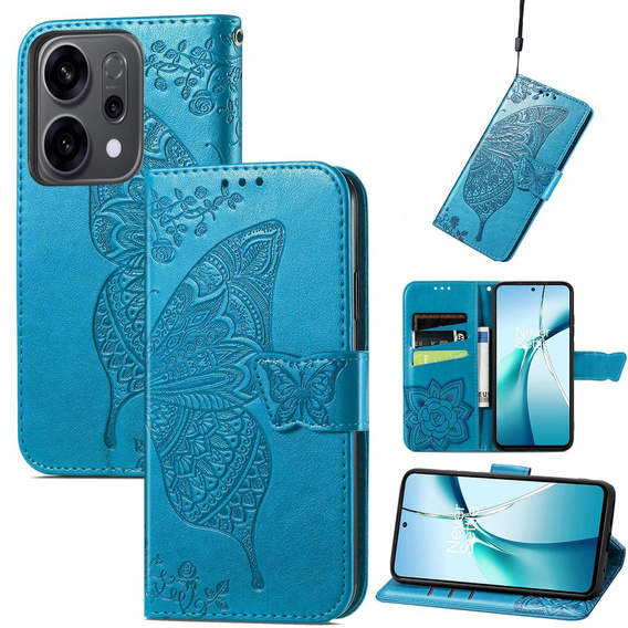 Flip case for Oppo Reno 14, Butterfly, wallet, blue