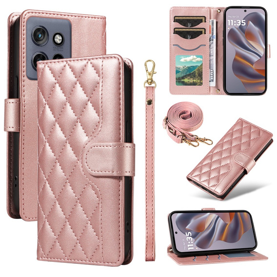 Flip case for Motorola Edge 50 Neo / Motorola ThinkPhone 25, Rhombus Crossbody Leather, pink rose gold