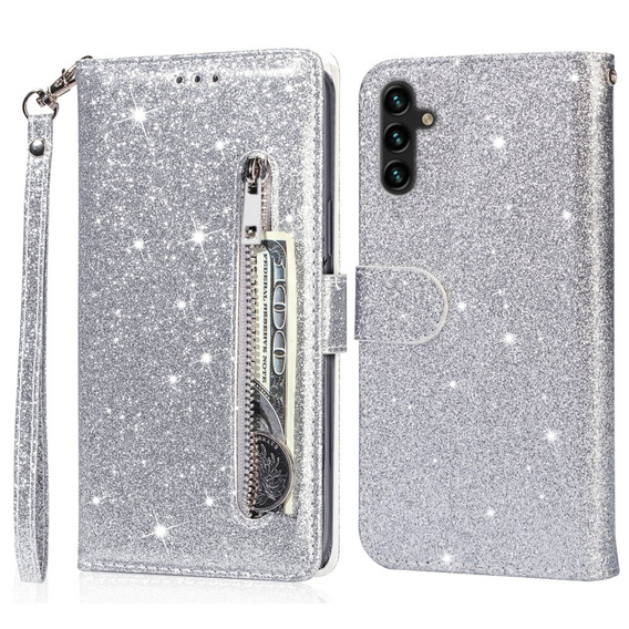 Flip case for Samsung Galaxy A36 5G, Wallet Zipper Pocket Glittery, silver