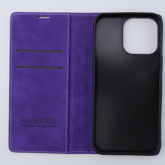Case for iPhone 15 Pro Max, ERBORD Vintage, wallet with flap, purple