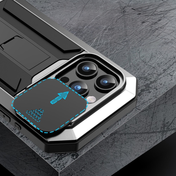 Case for iPhone 15 Pro, R-JUST CamShield Slide, armoured, silver / black