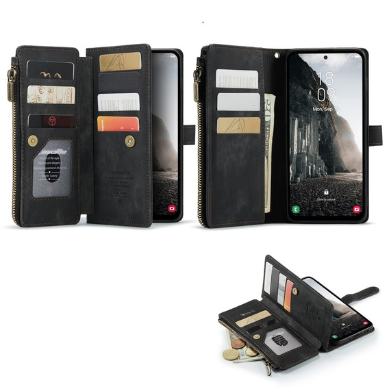 CASEME case for Samsung Galaxy A56 5G, Leather Wallet Cash and Card Slots, with strap, black
