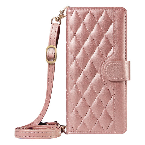 Flip case for Xiaomi Redmi Note 14 Pro 5G / Xiaomi Redmi Note 14 Pro+ 5G / Xiaomi Poco X7 5G, Rhombus Crossbody Leather, pink rose gold
