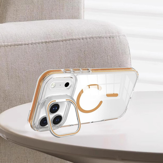 Case for iPhone 17 Pro Max, for MagSafe, with stand, transparent with gold inserts