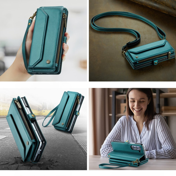 Case CASEME for Samsung Galaxy Z Fold6 5G, RFID Leather Wallet, with shoulder strap, green