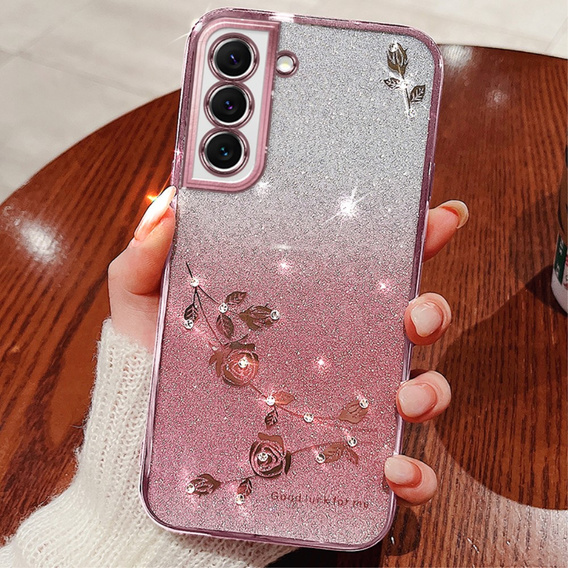 Case for Samsung Galaxy S22, Glitter Flower, pink rose gold