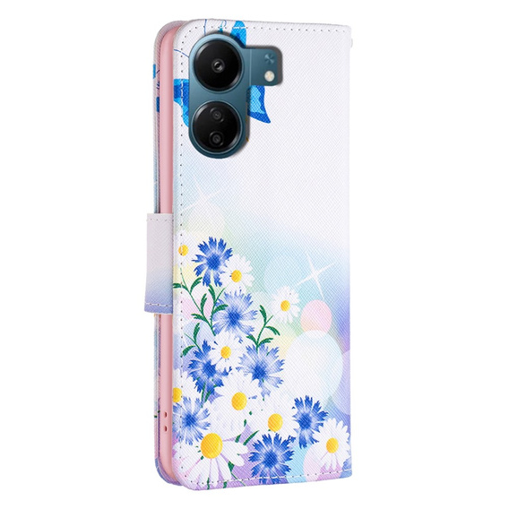 Flip case for Xiaomi Redmi 13C / Poco C65, Wallet, butterfly & flowers, white
