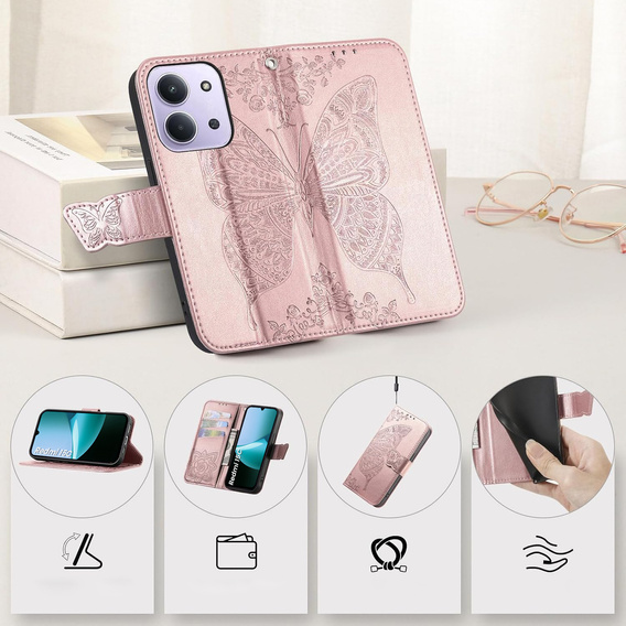 Flip case for Xiaomi Redmi 15C 4G/LTE, Butterfly, pink rose gold