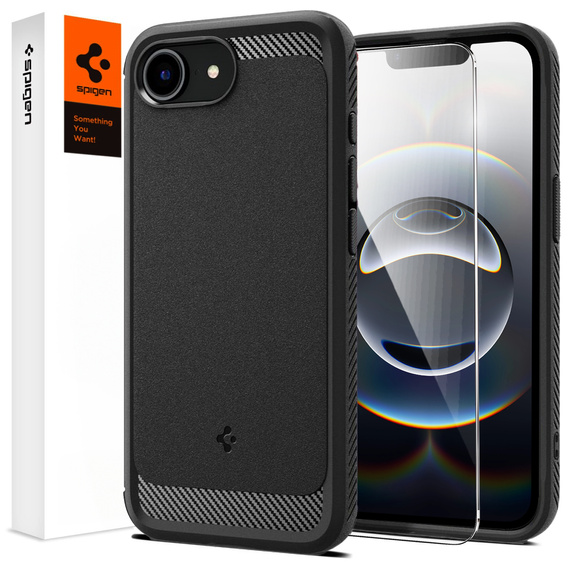 Spigen case for iPhone 16E, Rugged Armor MagSafe, black + Tempered Glass 9H