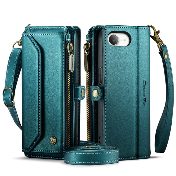 Case CASEME for iPhone16e, RFID Leather Wallet, with shoulder strap, green