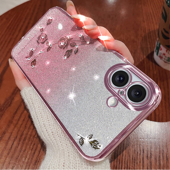 Case for iPhone 16 Plus, Glitter Flower, pink rose gold