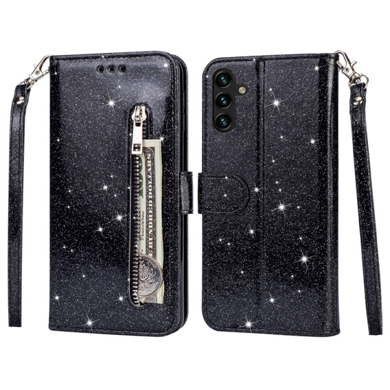 Flip case for Samsung Galaxy A35 5G, Wallet Zipper Pocket Glittery, black