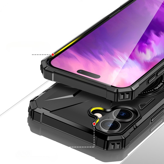 Case for iPhone 16, armored with stand and handle plate, black