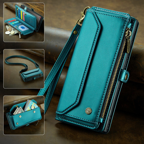 Case CASEME for Samsung Galaxy S25 Ultra, RFID Leather Wallet, with shoulder strap, green