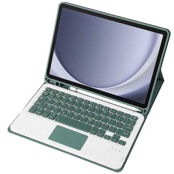 Case + keyboard Samsung Galaxy Tab A9+, Leather Pen Slot TouchPad, dark green