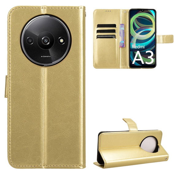 Flip case for Xiaomi Redmi A3, Crazy Horse Wallet, gold