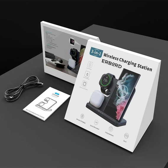 3-in-1 Wireless Induction Charger QI Fast Charger for Samsung S25 S24 S23 Galaxy Watch Buds Station Black