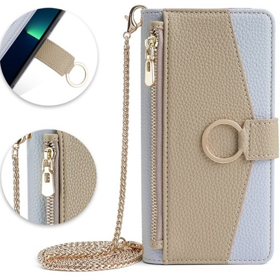 Flip case for iPhone 14, Wallet Zipper Pocket, with mirror, blue