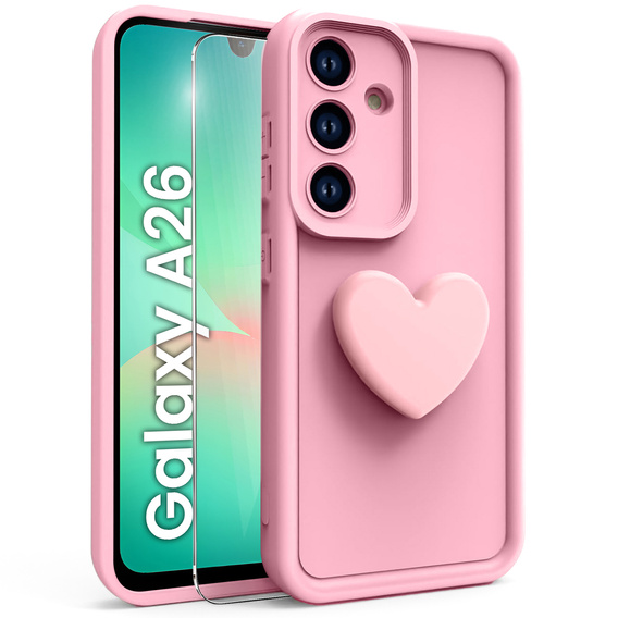 Case for Samsung Galaxy A26, Silicone Heart, pink + 9H tempered glass